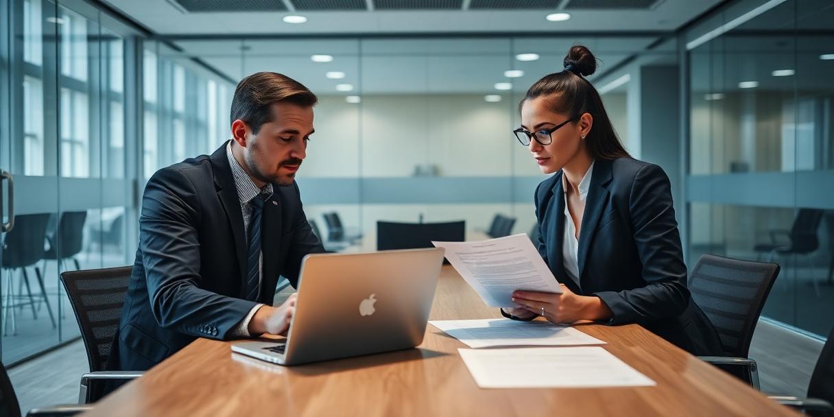 Compliance team reviewing printed documents in an open-plan office